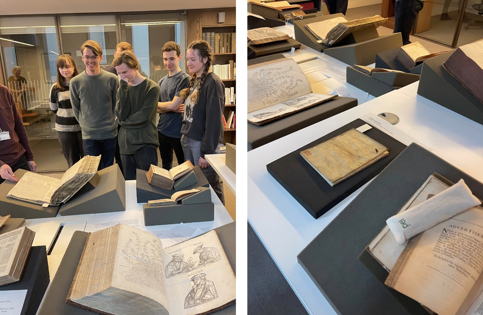 A group of first-year historians looking at printed books and manuscripts.