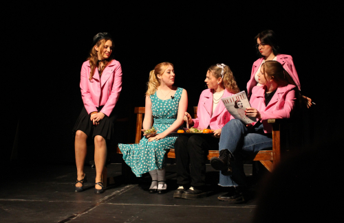 A shot from 'Summer Nights' in Grease, featuring the Pink Ladies and Sandy sat on a bench.