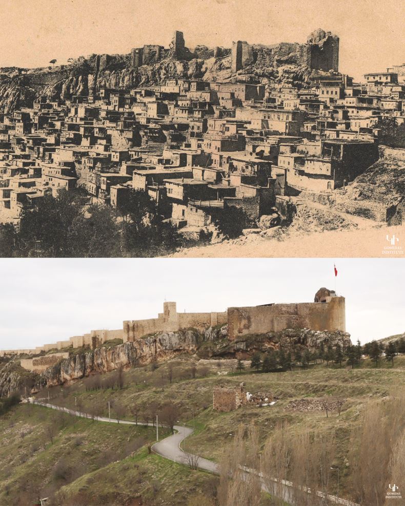 Two Images of the main Armenian quarter of Kharpert before WWI and March 2023.