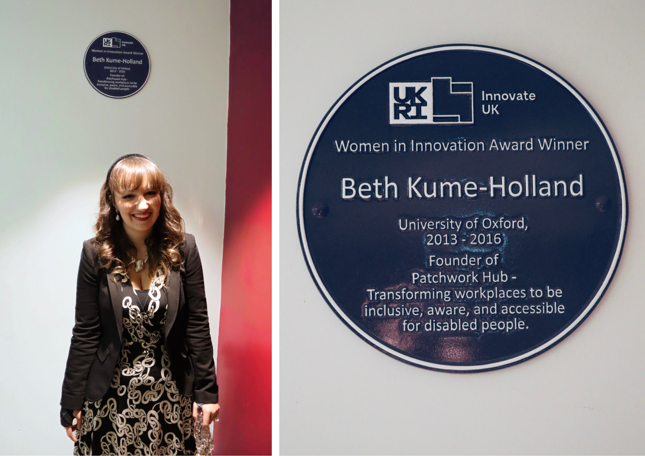 Beth stood beneath the purple plaque on the wall; next to a close up of the plaque