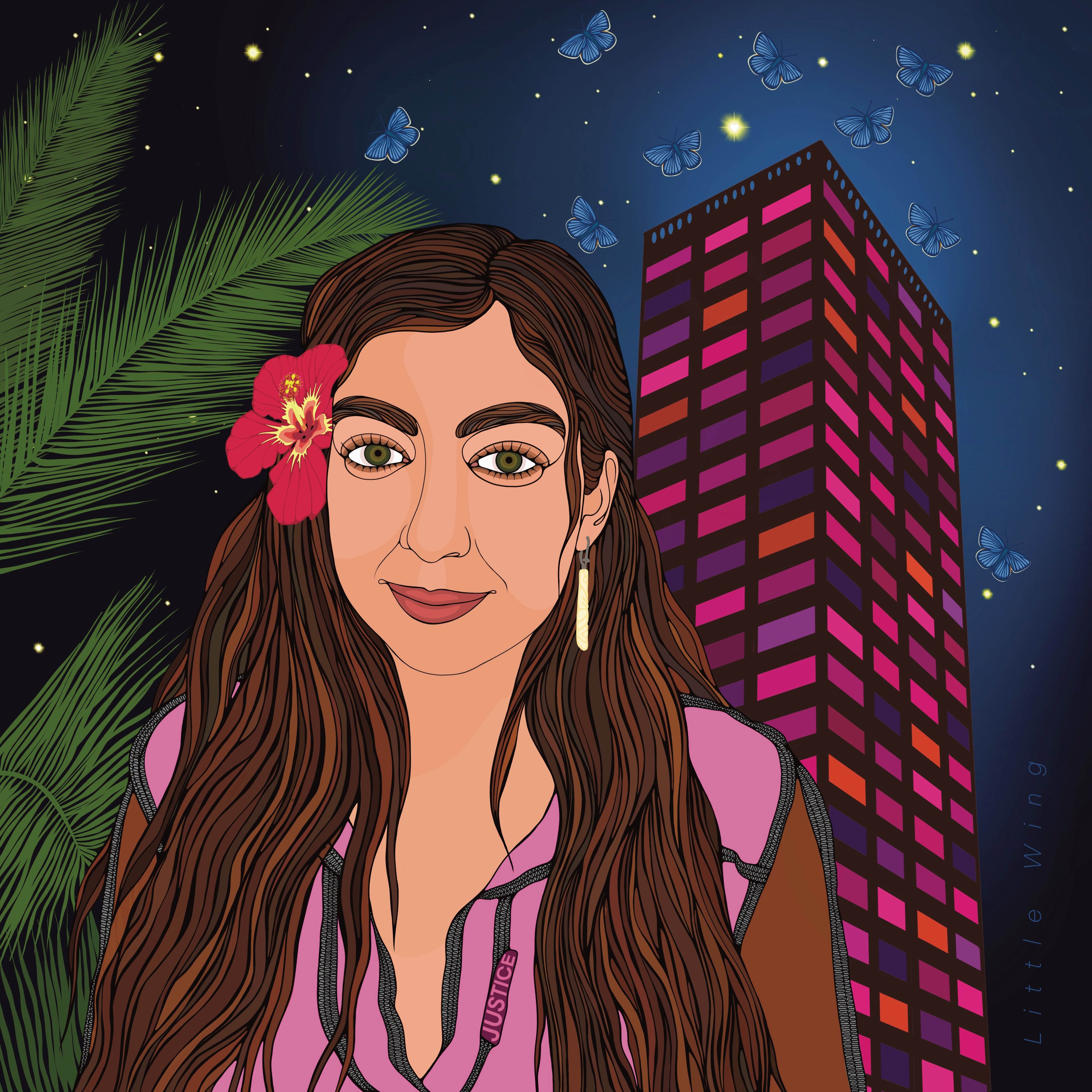 Digital illustration of girl woman in front of tower block, with night sky and butterflies in background