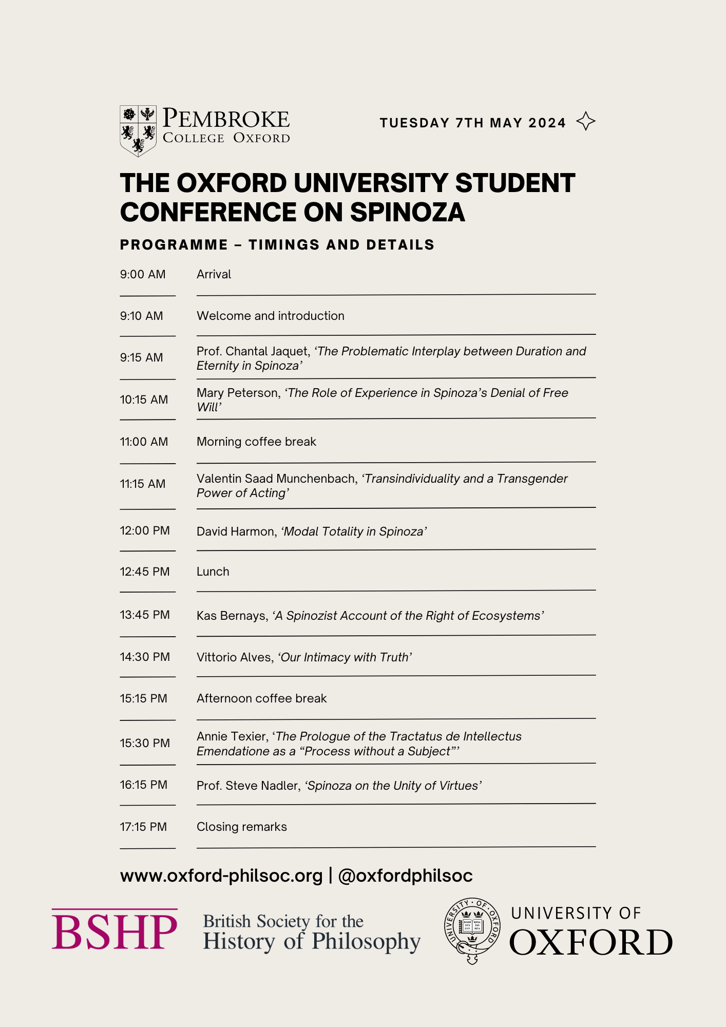 The conference programme for the Spinoza conference.