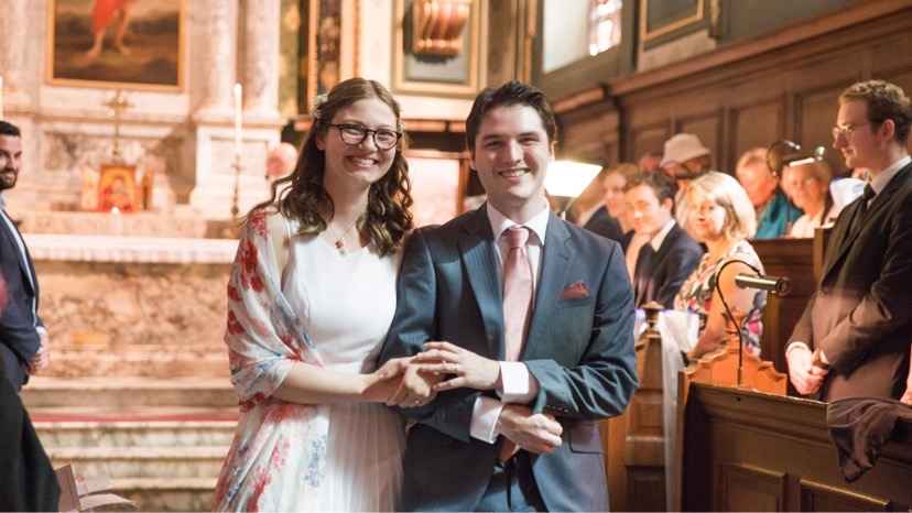 Anna and Guy on their wedding day in the Pembroke Chapel.