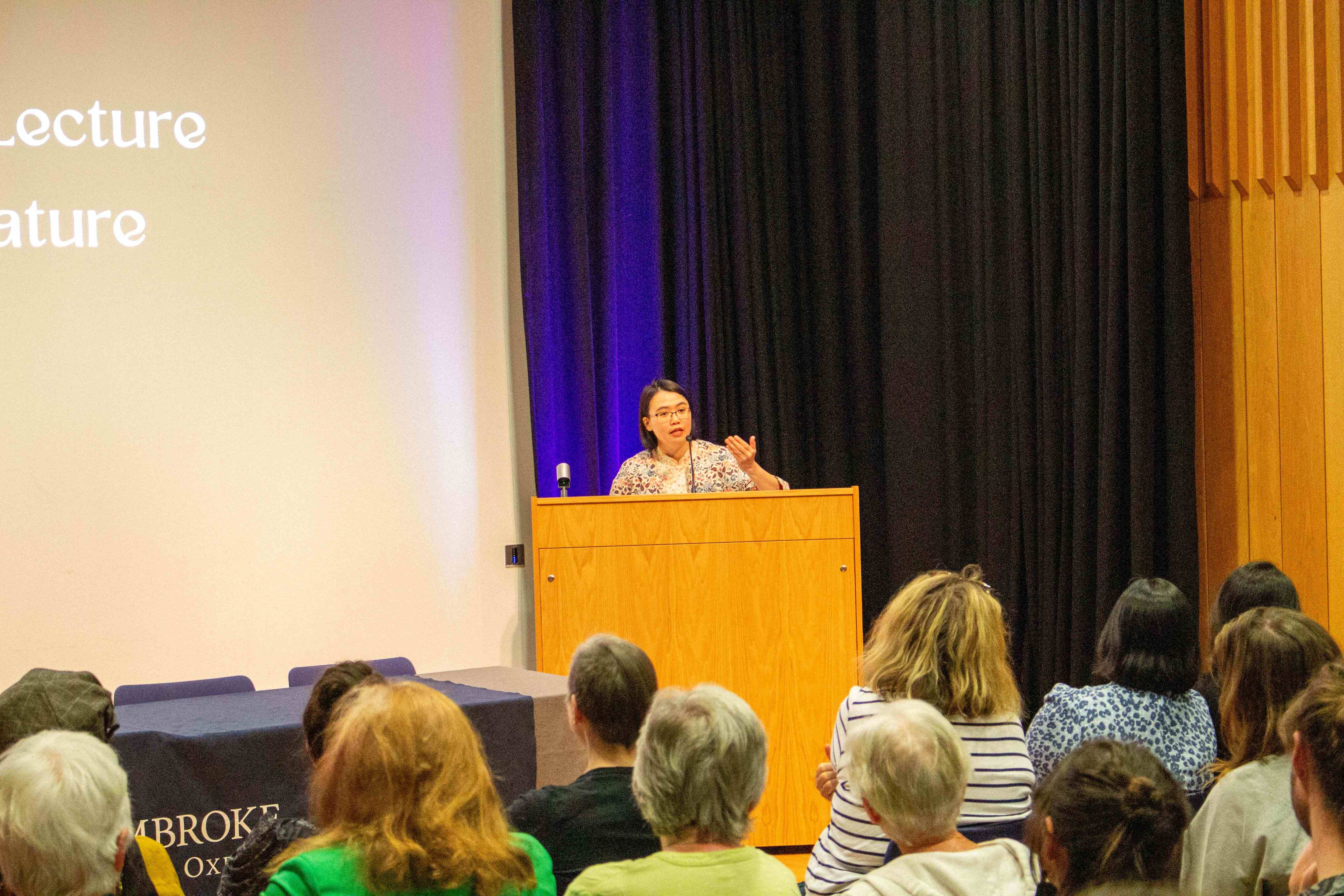 Author Zen Cho delivering the 2025 Tolkien Lecture on Fantasy Literature at Pembroke College, Oxford