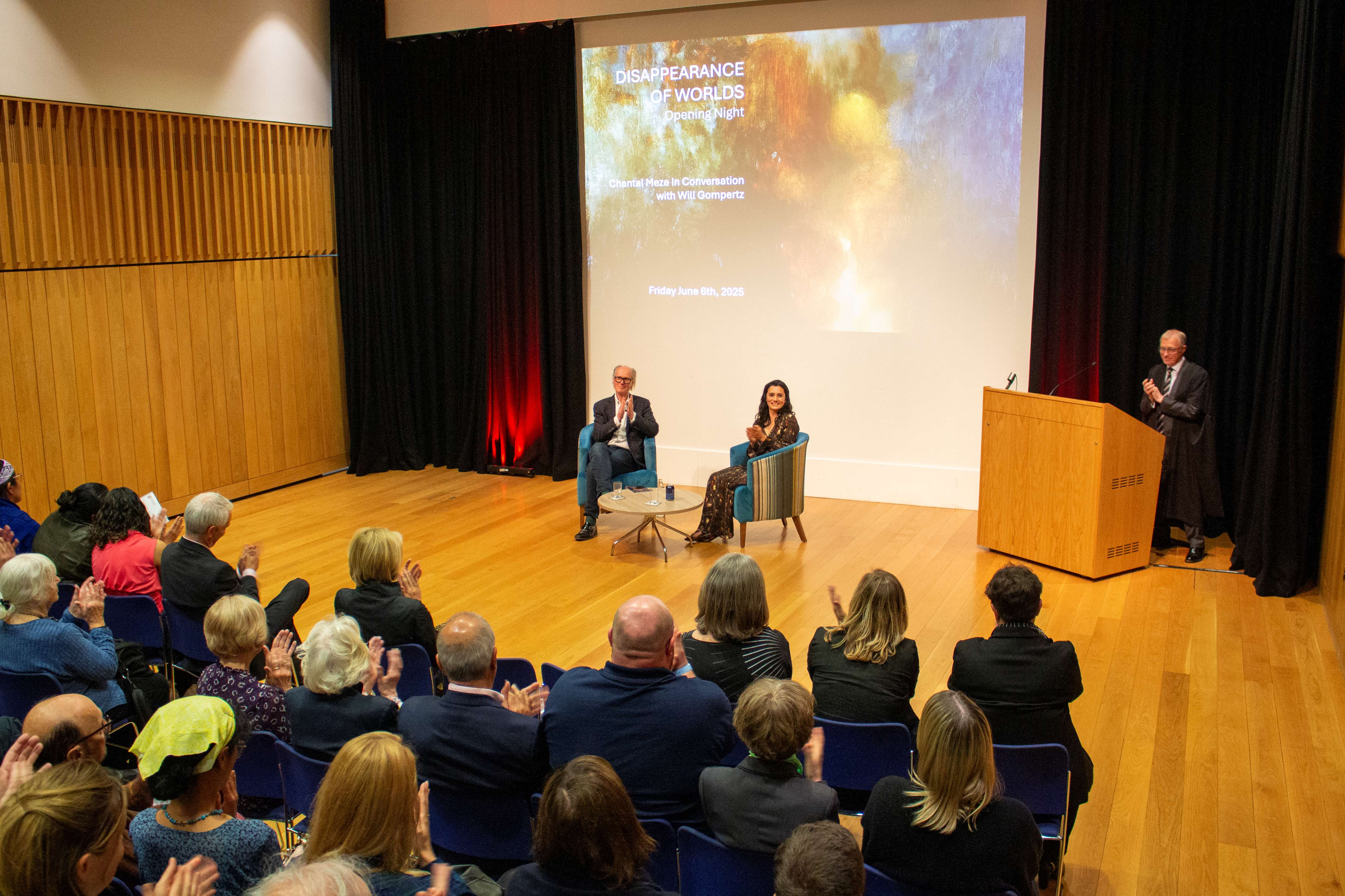Will Gompertz and Chantal Meza in discussion at the Disappearance of Worlds exhibition.