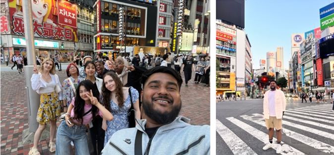 Photo of Jamil and a group students (left) and another photo of Jamil in Tokyo