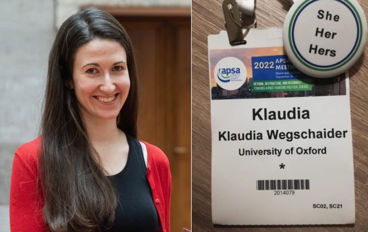 Headshot of Klaudia on the left side and a photo of her badge from the conference on right
