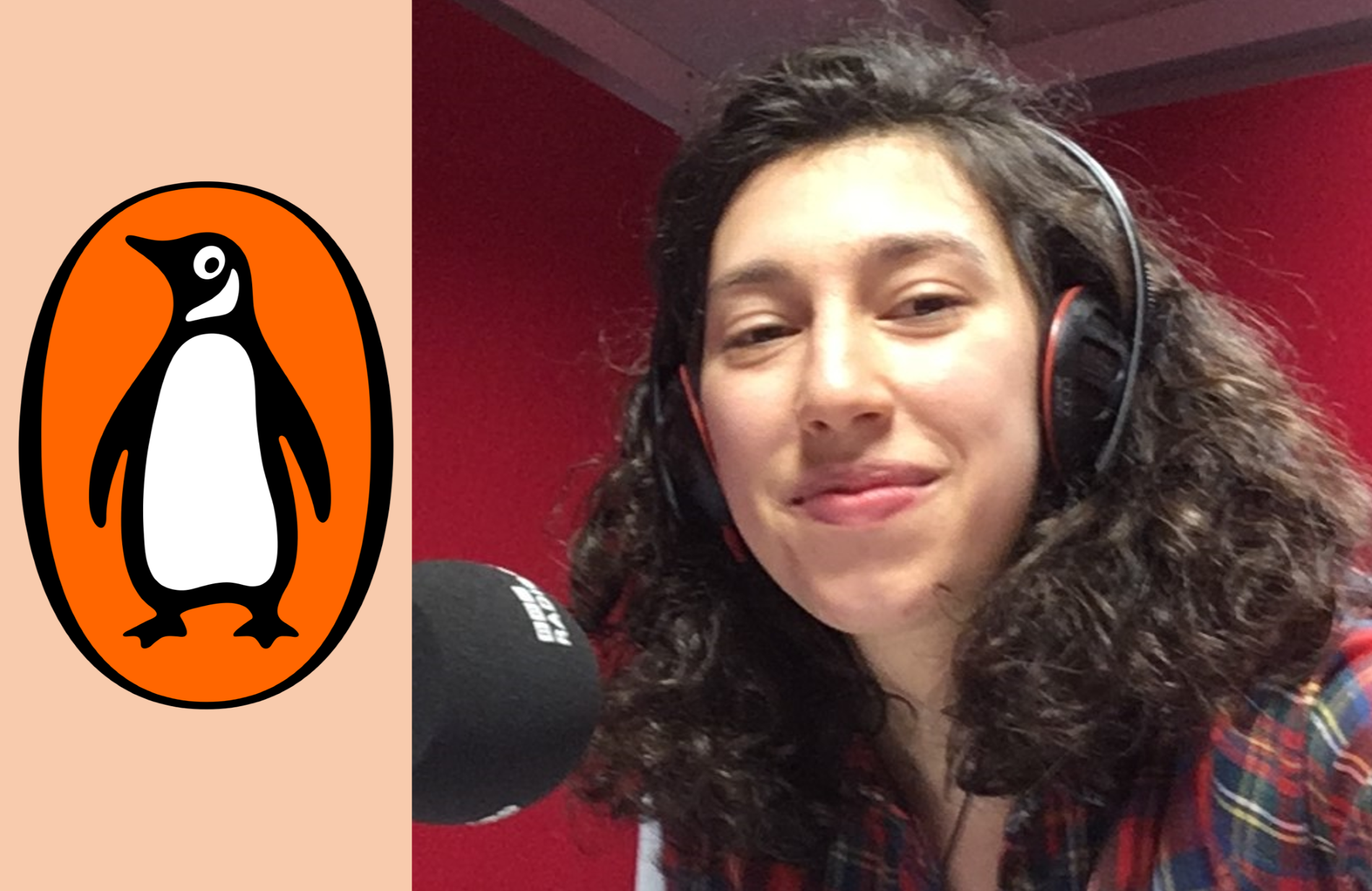 Right: Dr Katerina Johnson in front of a microphone with the BBC logo on it. Left: the Penguin logo.