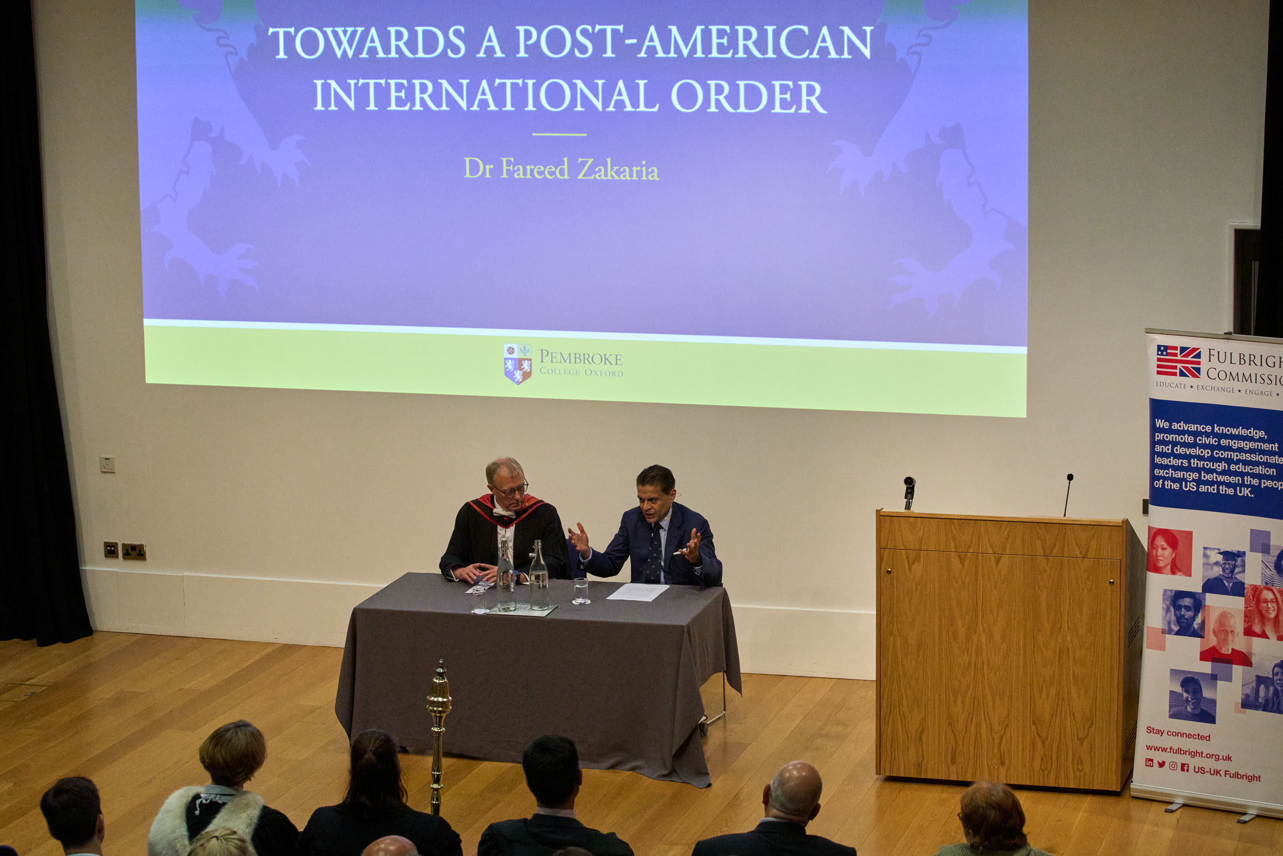 Dr Fareed Zakaria and Sir Ernest Ryder sat at front of auditorium during Q&A