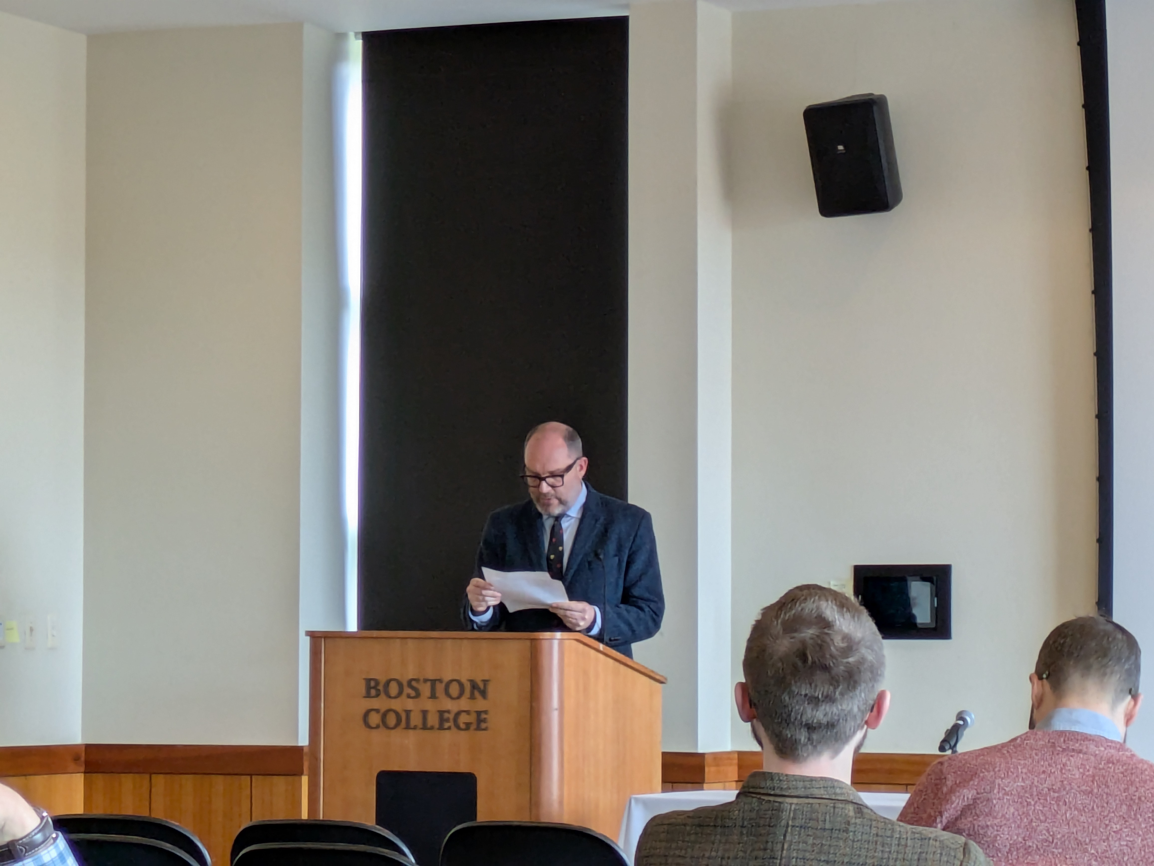 Revd Dr Oliver Wright delivering his talk at Boston College.