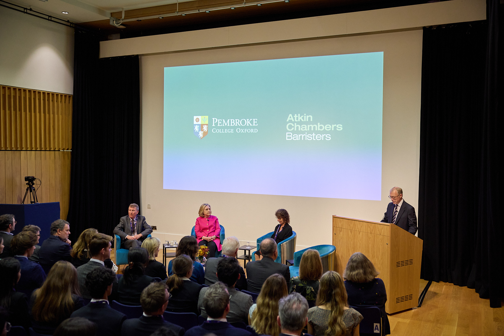 A distanced shot of the panel, with L-R: Professor Stephen Whitefield, Secretary Hillary Rodham Clinton, Professor Sandra Fredman and Sir Ernest Ryder.