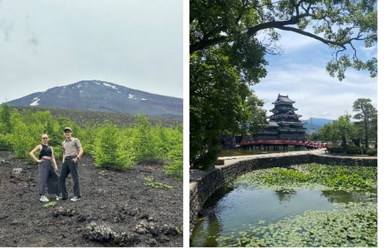 Sofia and Harrison in the left photo, and a photo in the right of a traditional Japanese temple