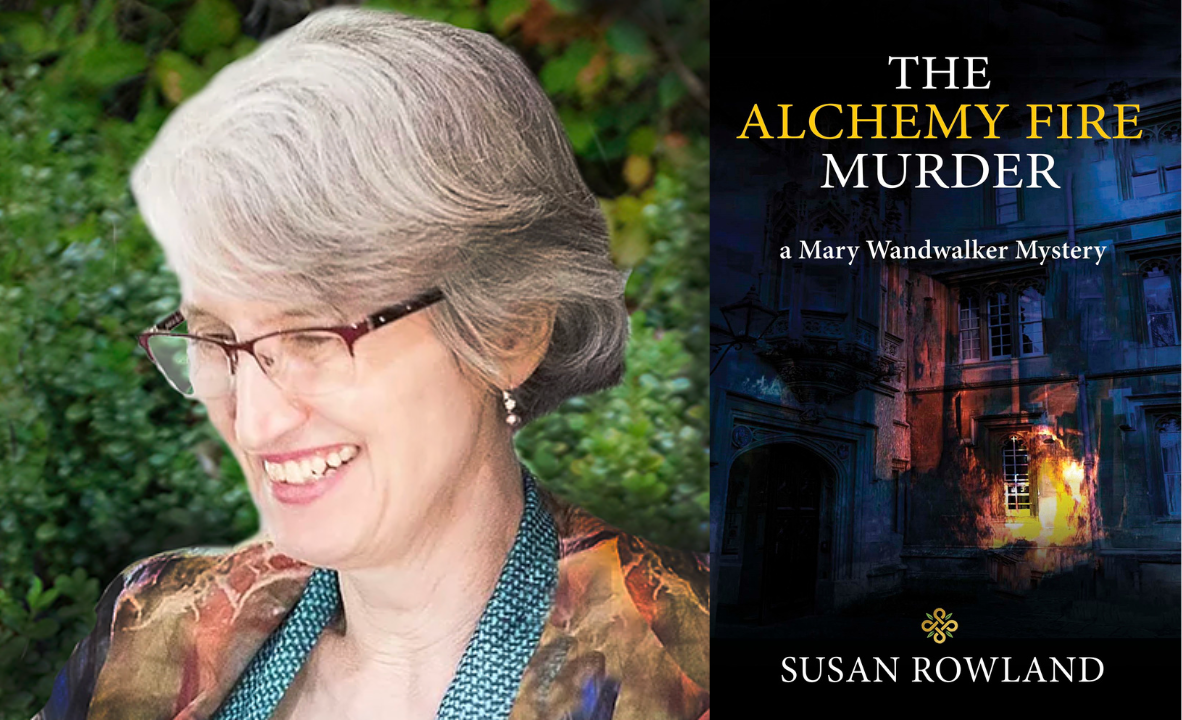 Left: a headshot of Susan Rowland. Right: the cover of The Alchemy Fire Murder by Susan Rowland.