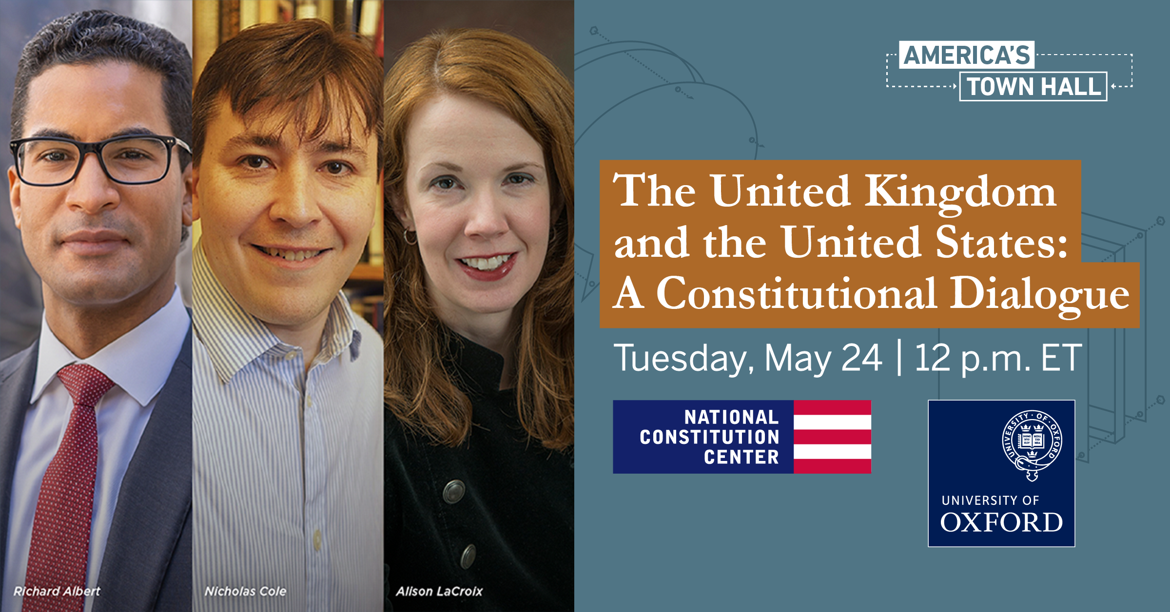 Photos of the Speakers along with details of the event and logos of Oxford University and the National Constitution Center