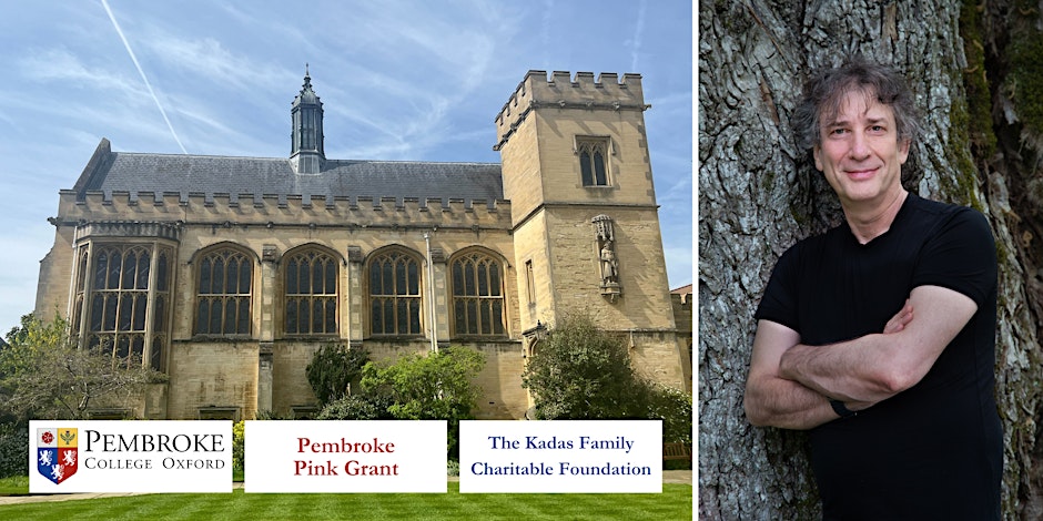 Image of Pembroke's Chapel Quad (left) and of Neil Gaiman (right)