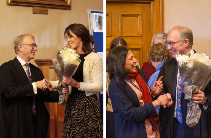 Helen Joynson (left) and Lavanya Rao (right) being thanked by the Master with flowers.