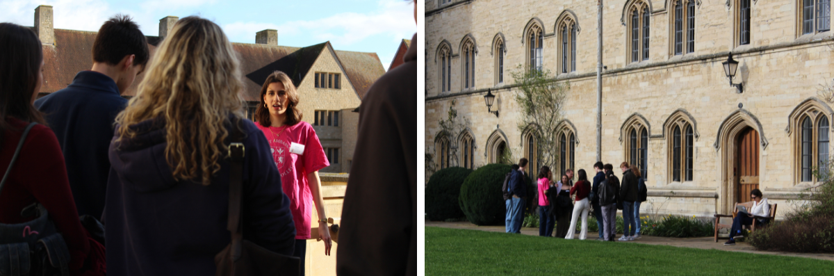 Two photos from the Offer Holder Day, showing a Student Ambassador (in pink) talking to two groups of students.