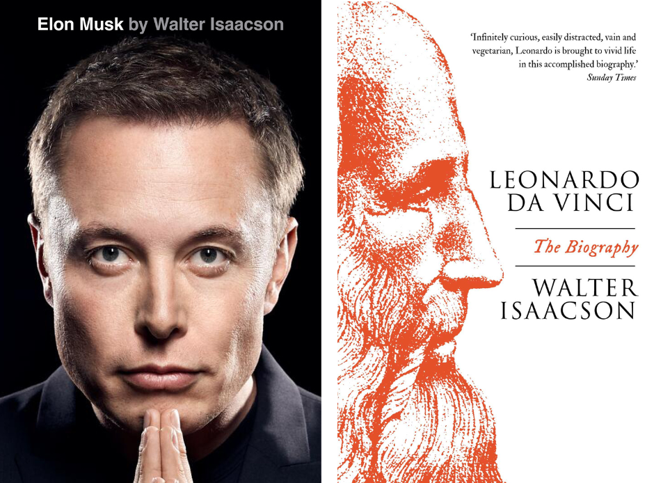 Book covers for Walter Isaacson's biographies of Leonardo da Vinci (left) and Elon Musk (right)