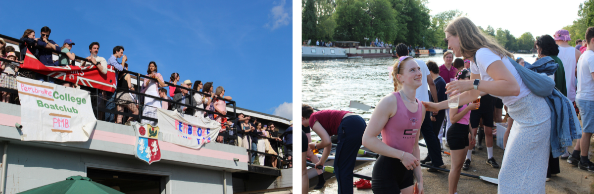 Left, a spectator congratulates a rower from W1 after their bump on Saturday; right, the Pembroke Boathouse with a sign saying 'Pembroke College Boatclub'