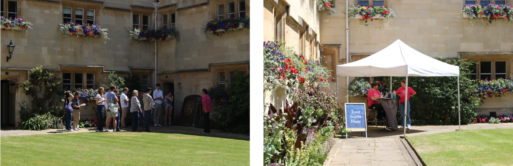 Left: Visitors exploring Pembroke at the Open Day; Right: Student ambassadors waiting to take applicants on tours of the College.