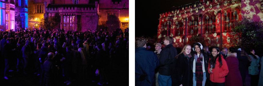 Two photos of the crowd at the launch event and three guests posing in front of the Light Show.