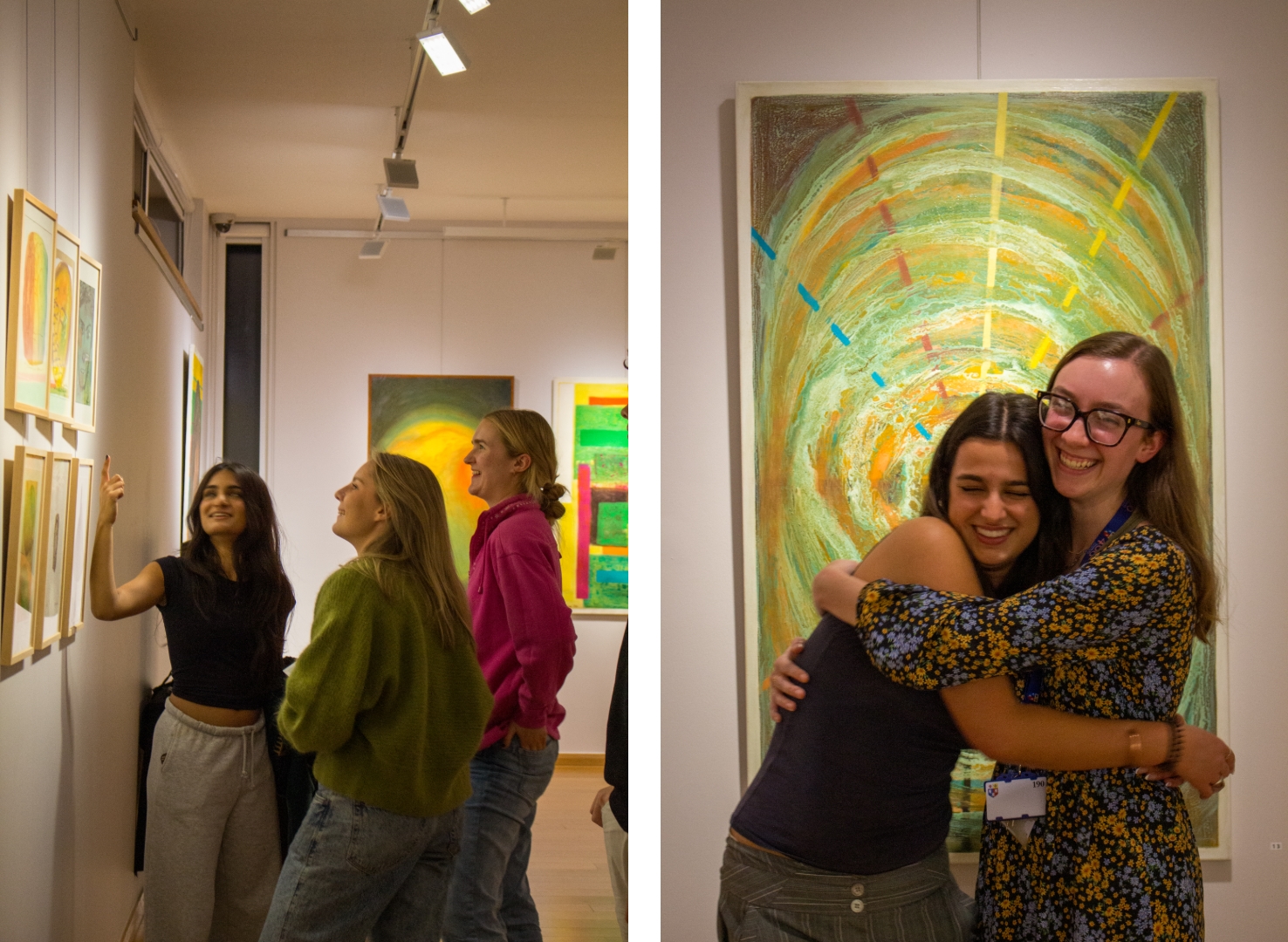 Students admiring Krikor's art (left) and Leela and Amy hugging (right)