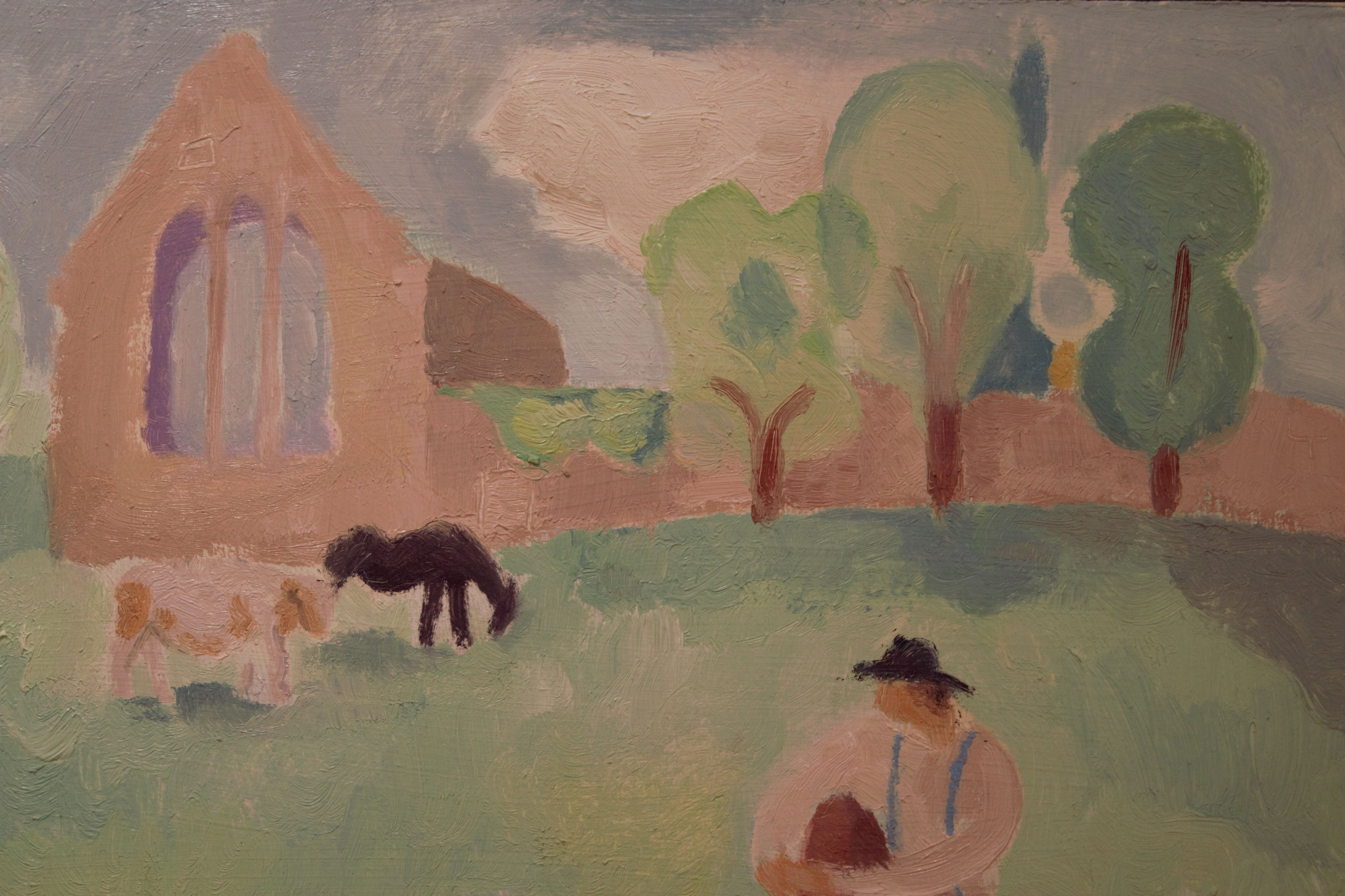 'The Ruin' by Gabriella Bailey. A figure and two horses sit on the grass in front of a church ruin.