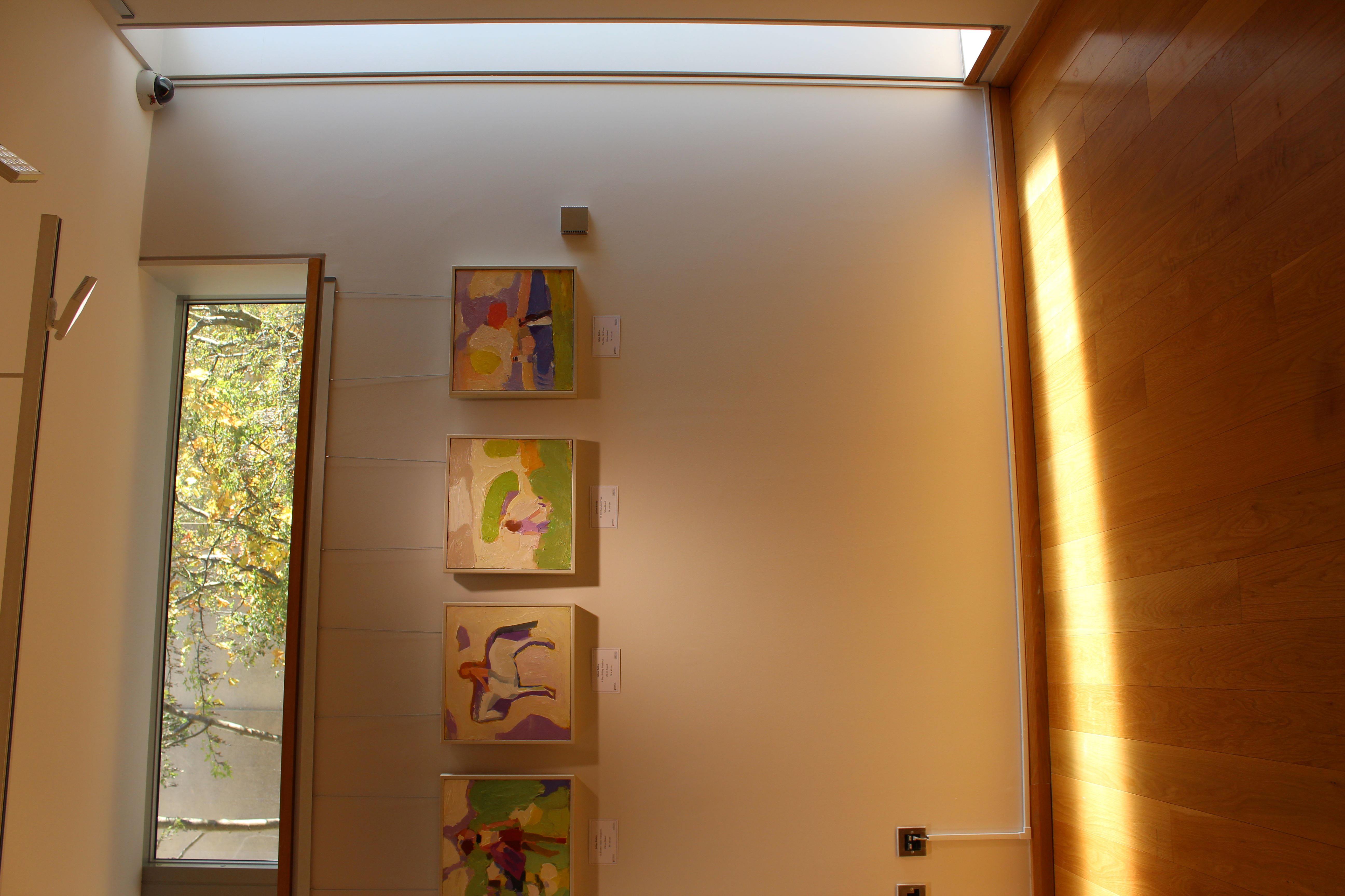 A wide shot of the gallery, with four paintings by Julian Bailey. The long window on the right hand side is casting a light on the wooden floor.