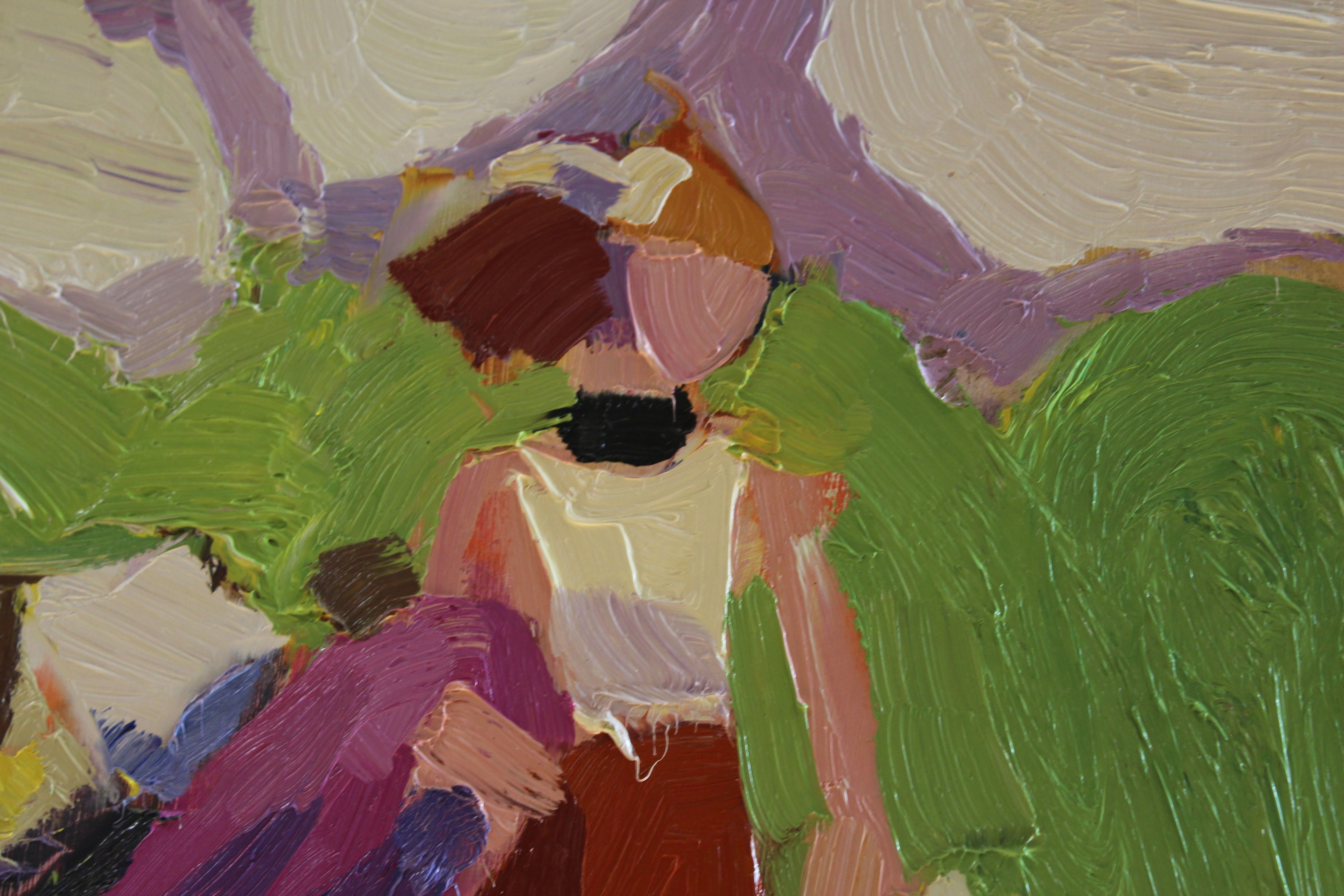 One of Julian's pieces from the exhibition; a woman in front of a brightly colourful background with prominent brush strokes.