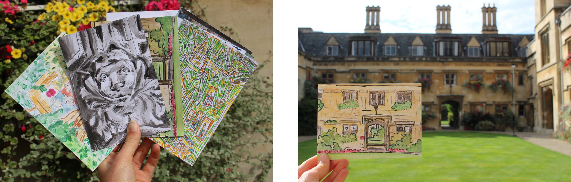 A hand holds up several colourful postcards depicting various places in College. Left: four postcards in front of a flower box. Right: one postcard, depicting Old Quad, held up in front of Old Quad.