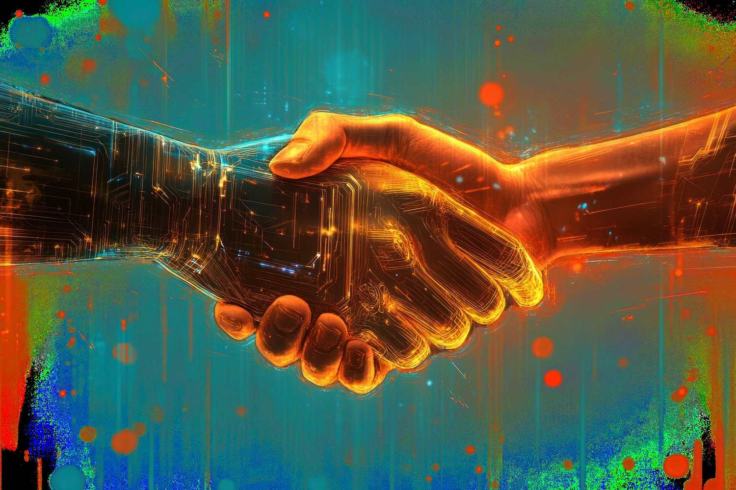 An electronic hand representing AI shakes hands with a human hand