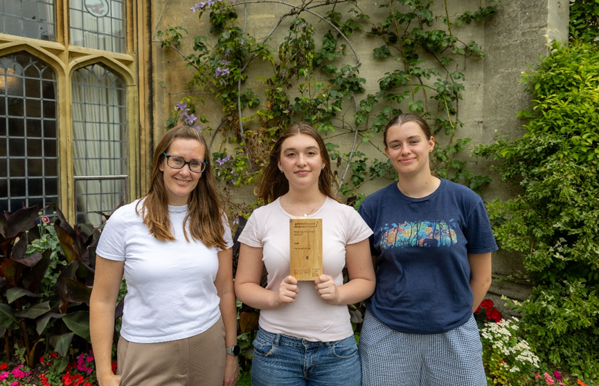 Rachael Dean (Sustainability Manager), Amy Dodson (JCR Environment Rep 2025-25) and Anna Handford (JCR Biodiversity Rep 2025-6)