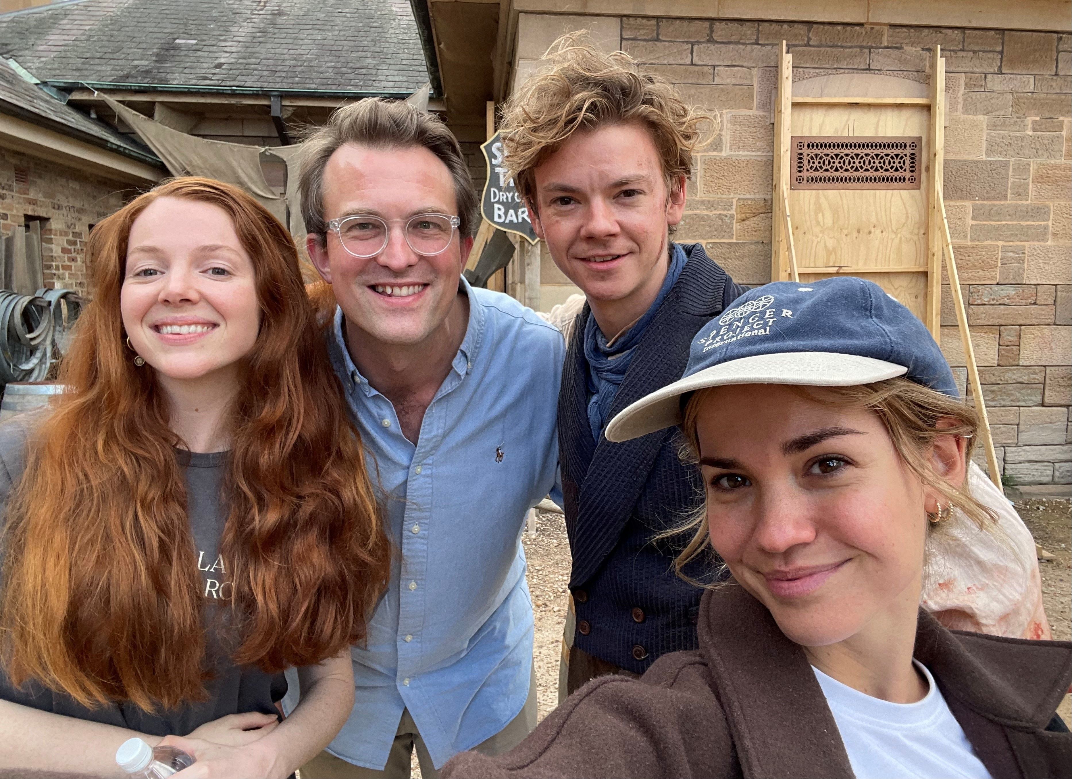 James McNamara poses with cast members Thomas Brodie-Sangster, Maia Mitchell and Lucy-Rose Leonard.