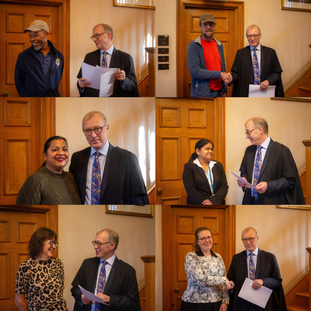 Six photos of the Master, Sir Ernest Ryder, speaking about six members of staff at the awards ceremony.