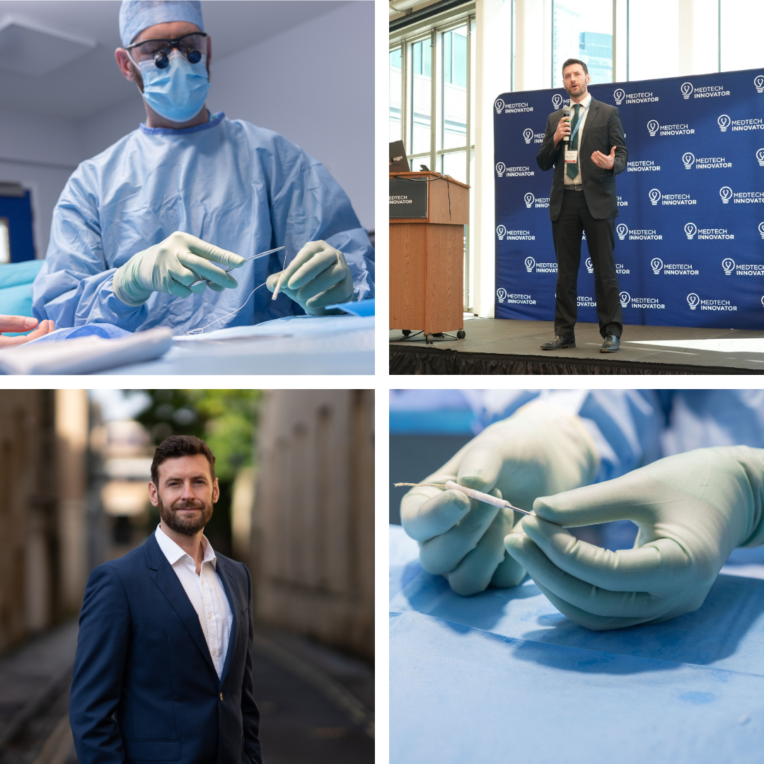 Four pictures, L-R: Man in protective clothing holding a needle and silk, Dr Alex Woods presenting at the MedTech conference, Dr Alex Woods in Oxford, two gloved hands holding the silk medical device.