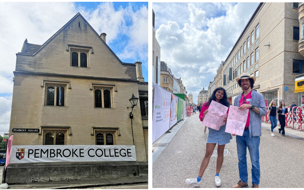 Pembroke College Building to the left and Pembroke Student Ambassadors in Cornmarket Street in the left photo