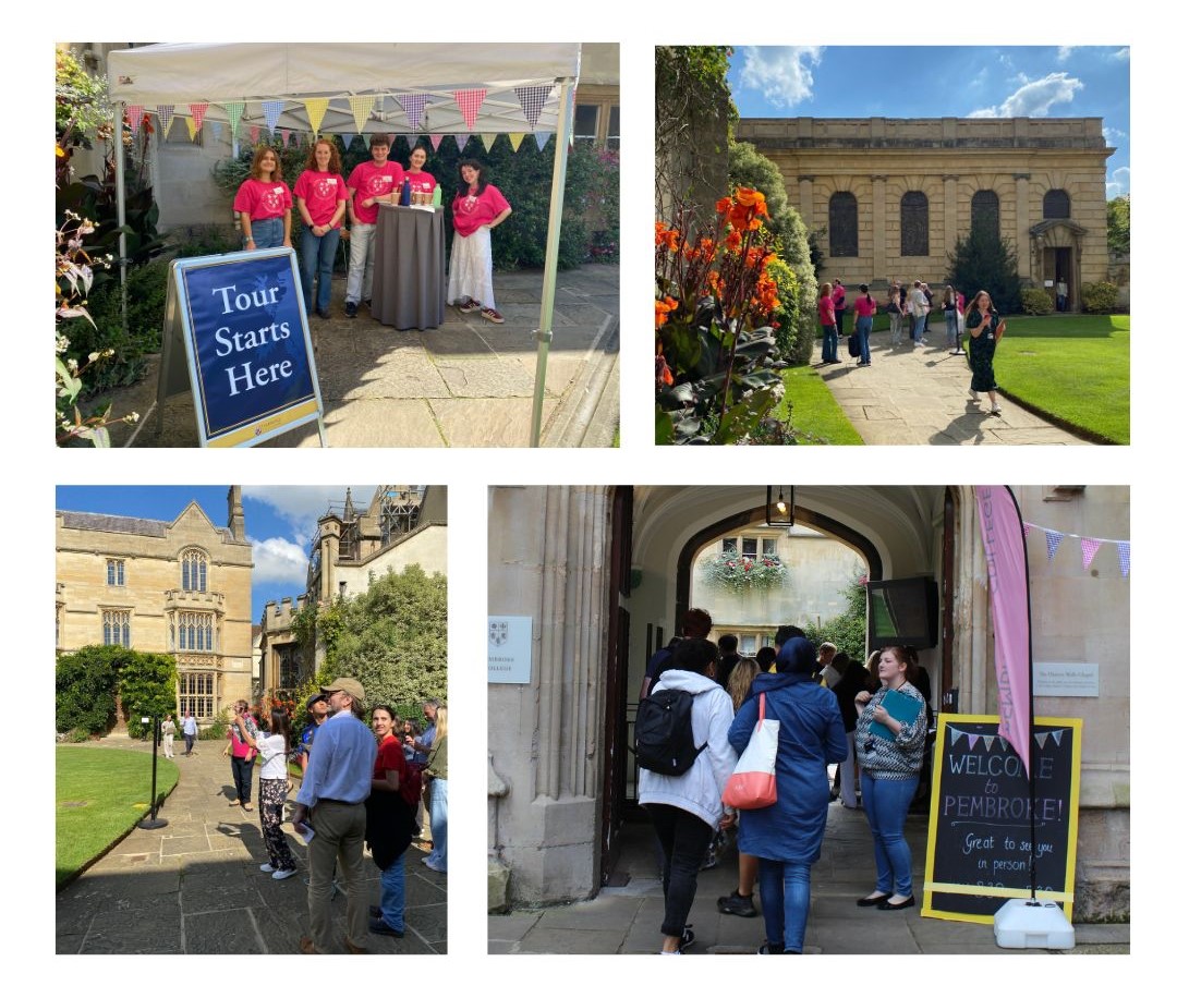 Left to right: five volunteers stand in front of a "Tour Starts Here" sign, a view of a tour group in front of the Chapel with orange flowers in the foreground, a tour group in front of the Hall, visitors queuing at the entrance to Pembroke beside a "Welcome to Pembroke" sign