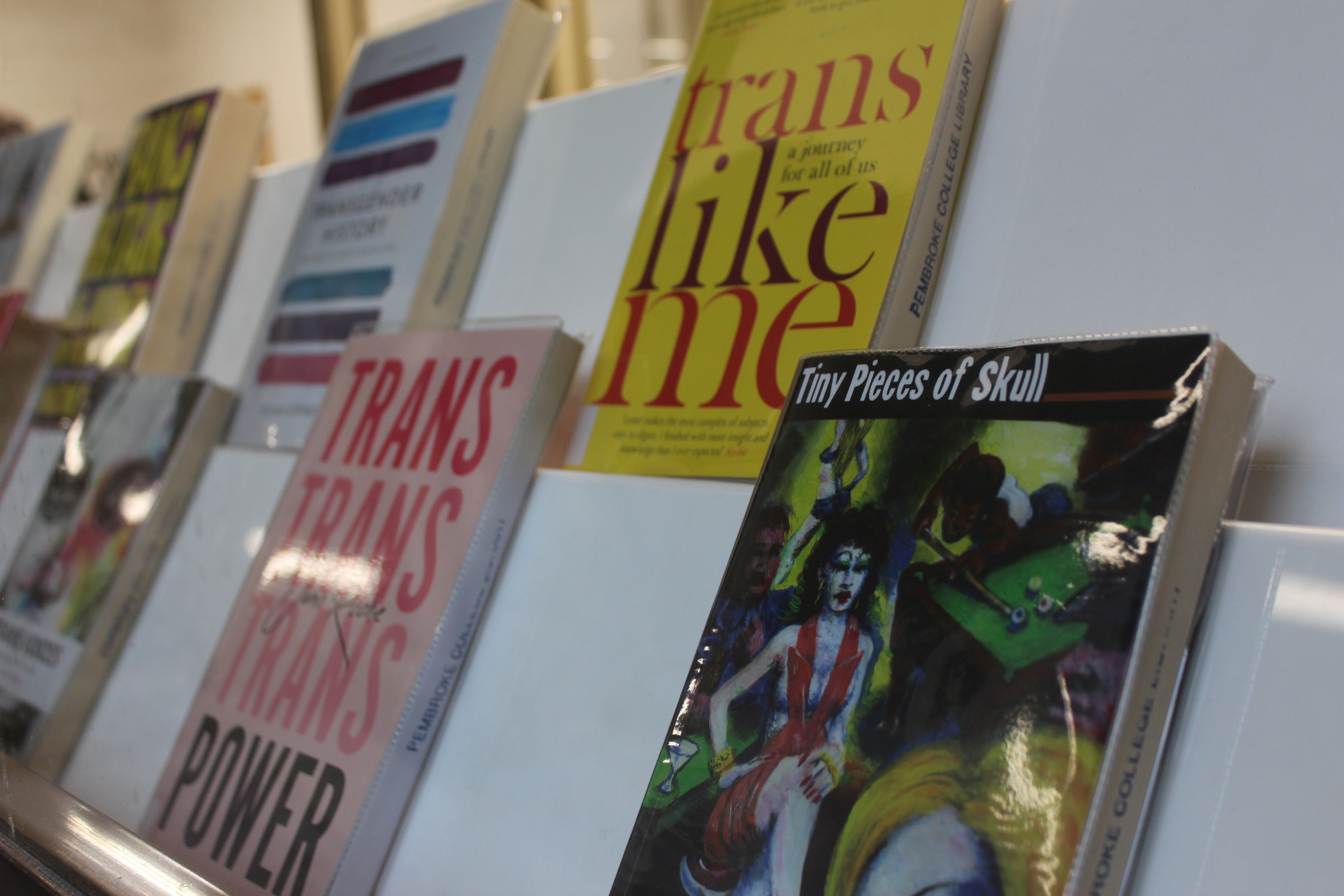 A close-up of the books on the Trans Day of Remembrance Book Display. The books with clear titles are: Tiny Pieces of Skull by Roz Kaveney, Trans Like Me by C N Lester and Trans Power by Juno Roche.