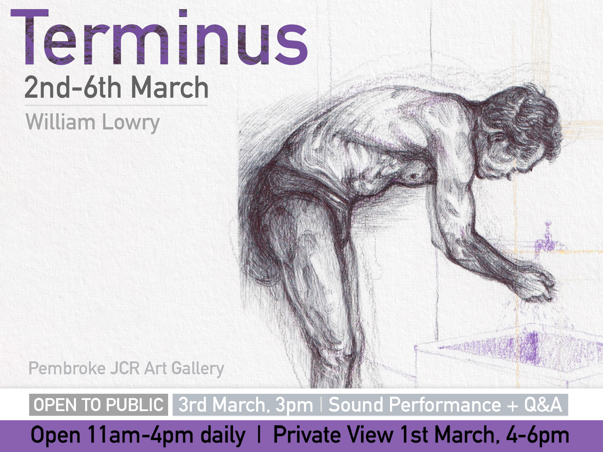 The poster for the 'Terminus' exhibition, featuring one of William Lowry's drawings for the exhibition. It depicts a side view of a man leaning over to wash his hands in a sink.
